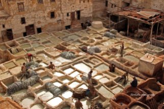 Located in Old Medina, showing some men working at the tanneries. They washed the skin, separated them, colored them, and dried them before producing them.